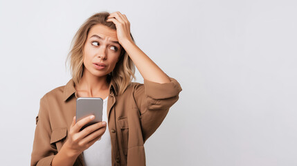 Fototapeta premium Young woman feeling confused and stressed, holding smartphone, contemplating a problem or bad news, hand on head