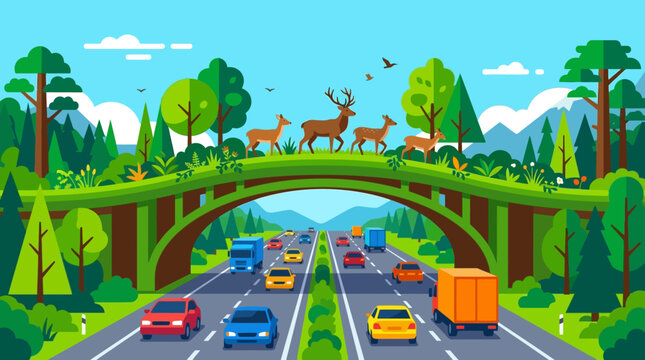 Deer family walking across a vibrant green wildlife bridge that safely connects forested areas above a busy multi lane highway