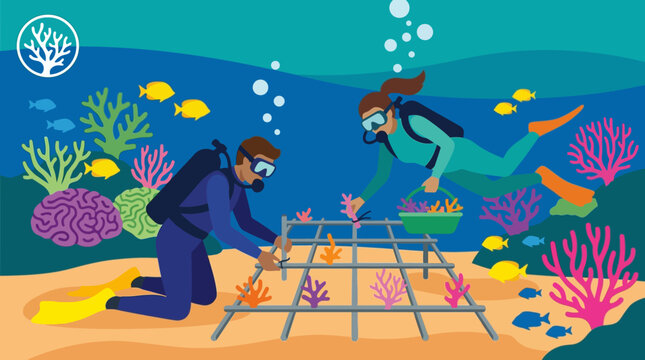 Scuba divers carefully planting colorful coral fragments onto a metal grid structure to help restore damaged reefs in the ocean