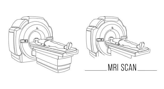 Line art illustration of patient undergoing an MRI scan medical procedure.