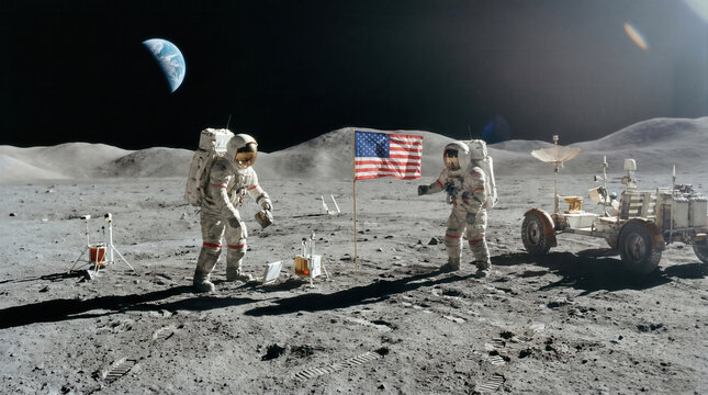 Astronauts planting us flag on lunar surface exploration