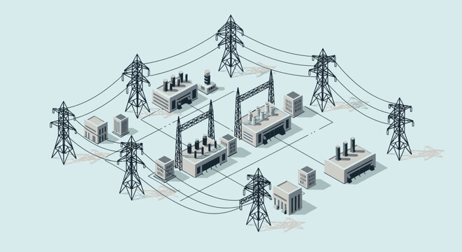Isometric electrical power station with transmission lines and industrial buildings.