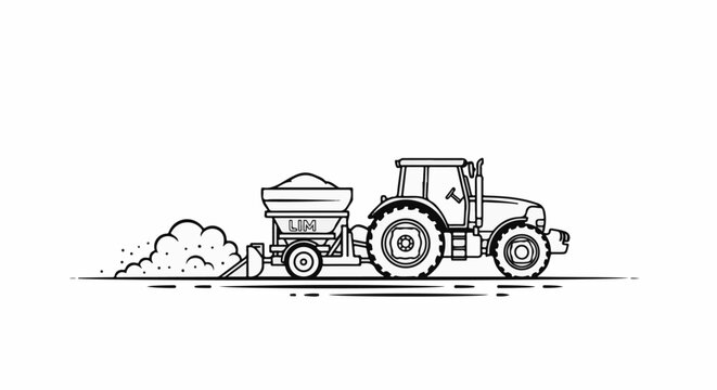 Tractor spreading fertilizer with a spreader, kicking up dust