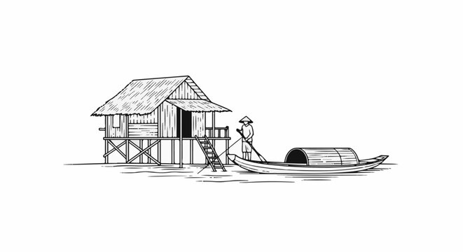 Traditional stilt house and boat scene on water