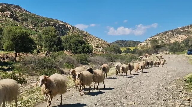 Flock of sheep crossing mountain road in Crete, Greece. Scenic rural landscape of Agiofarago region with animals and ambient sound of bleating and bells. Authentic Greek countryside, 4k video.
