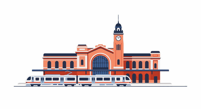 Train station with clock tower and modern passenger train on platform