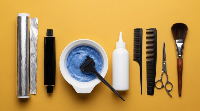 Top view of professional hair coloring tools on yellow background. Set includes bowl with blue dye, foil, combs, scissors, and applicator. Minimalist beauty salon concept with copy space
