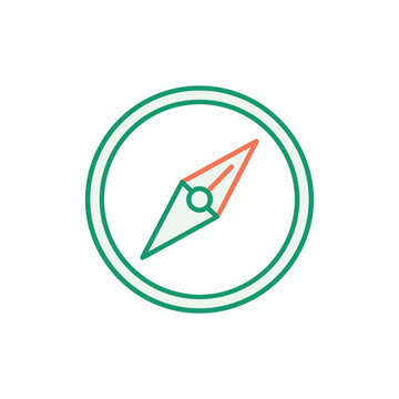 Green and red compass icon with a minimalist design featuring a circular outline and directional needle on a clean white background