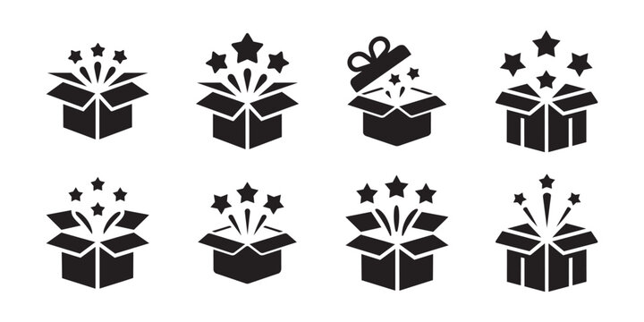 Black surprise gift box icons set with festive magic sparkles, celebration icons for surprise events, simple flat vector symbols on transparent background.