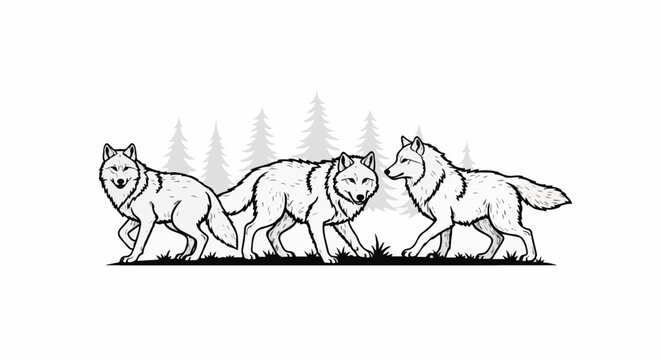 Three wolves walk across a grassy field in front of sparse pine trees