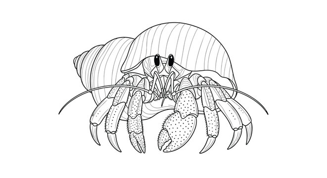 Close up view of a detailed hermit crab with a large shell and prominent pincers illustrated in a realistic black and white style for nature study.