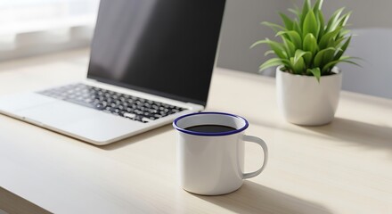Fototapeta premium coffee mug on desk with laptop and plant. enamel mug