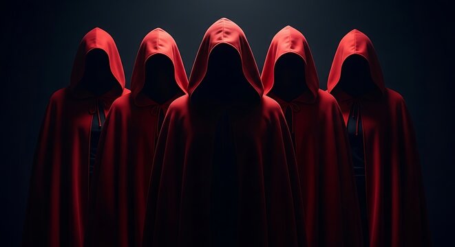 Five hooded figures standing together at night
