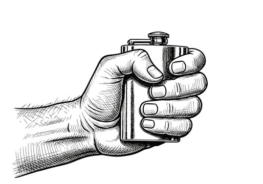 A strong adult male hand firmly grips a reflective metal hip flask, rendered in vintage black and white pen and ink etching with intricate cross-hatching on a transparent background. concept of