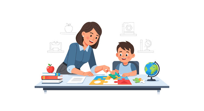 Teacher and Student Solving Jigsaw Puzzle in Classroom