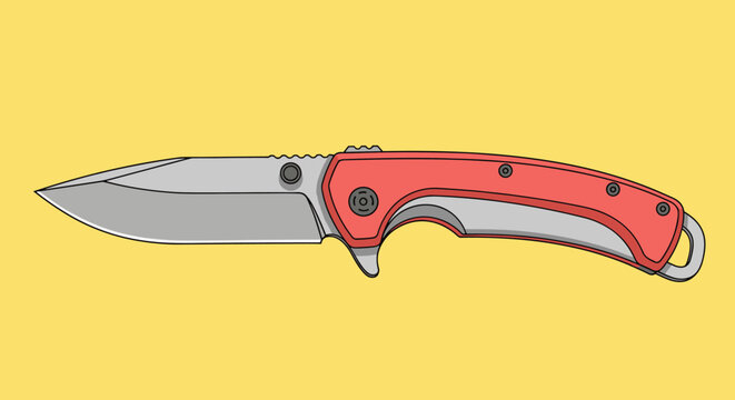 Modern folding pocket knife with a bright red handle and silver blade is shown against a solid yellow background for outdoor equipment.