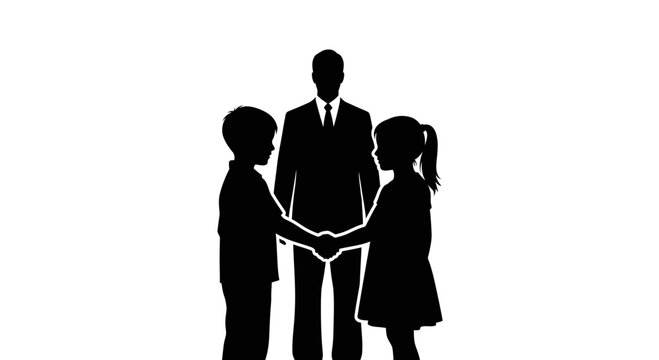 Silhouette of a businessman standing behind a young boy and girl shaking hands.
