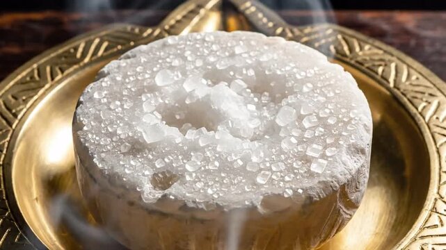 close up of a white rock with crystalline formations and condensation, resting on a golden ornate dish, natural texture, atmospheric detail