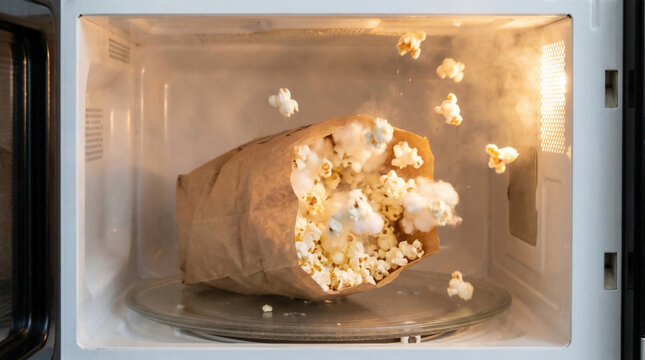 Popcorn exploding from paper bag in microwave cooking