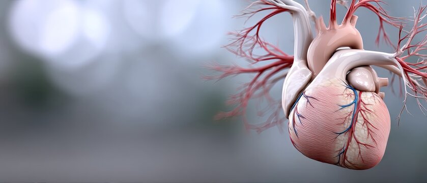 Medical illustration of a human heart with detailed vascular structure and artery in cross section showing red arteries and blue veins
