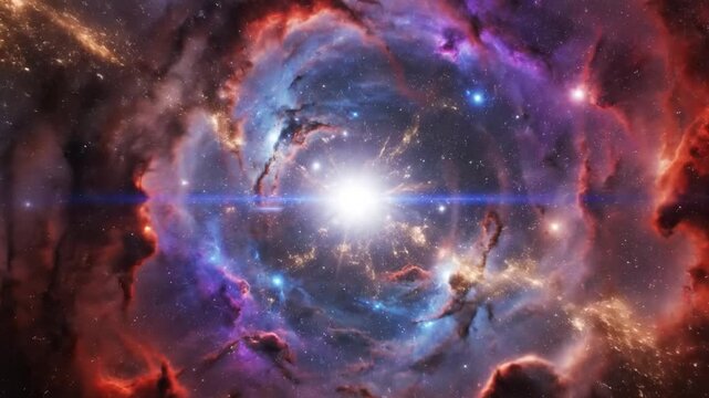 Bright star exploding in a colorful cosmic nebula in space