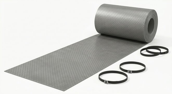 Roll of grey diamond plate rubber flooring mat with securing straps on white background. Industrial non-slip floor covering for garage, workshop, or gym. Minimalist commercial product photography