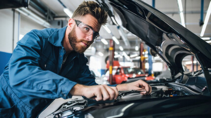 Fototapeta premium Mechanic man repairing car engine in workshop