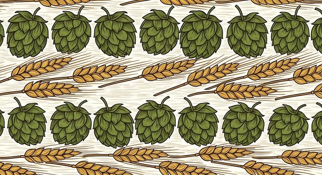 Pattern of hops and wheat stalks on textured background