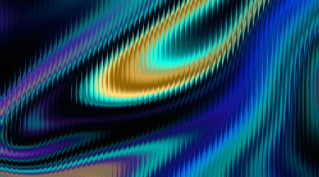Iridescent liquid metal flow in blue and cyan tones with golden highlights, glossy ribbed glass texture and smooth neon wave distortion, abstract 3D render background