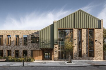 Obraz premium Modern building design showcasing brick and metal structure with large windows on a clear day in an urban setting, emphasizing contemporary architecture and functional space