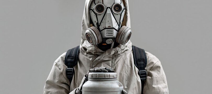 Robot pest control technician in protective suit holding sealed container on gray background