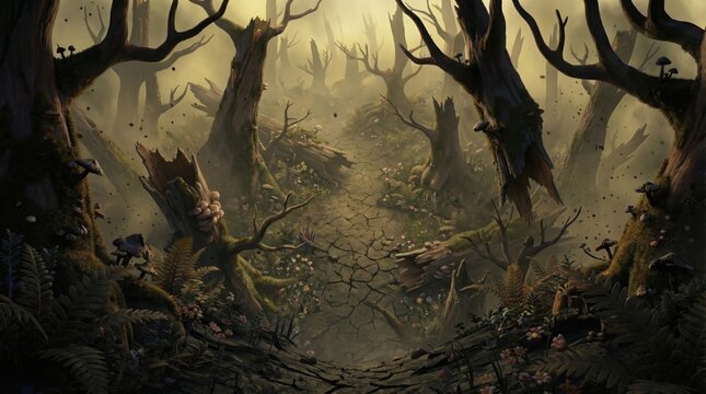 Eerie dead forest with path through cracked earth
