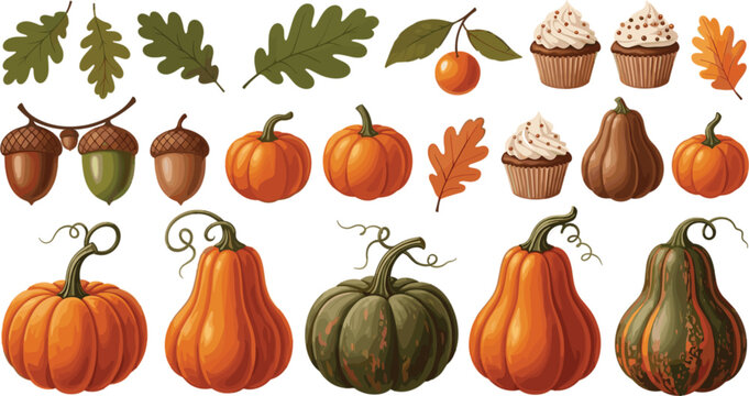 Autumn harvest set with pumpkins gourds acorns leaves cupcakes and seasonal fall elements cartoon illustration
