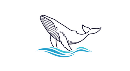 Obraz premium Giant blue whale is illustrated in a graceful jump out of the ocean waves with detailed line work capturing its massive size and movement.