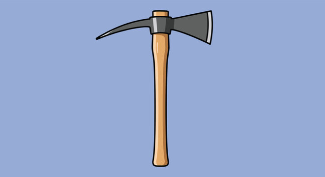 Pickaxe with a wooden handle and dual-sided metal head featuring a pointed pick and a flat axe blade on a light blue background.