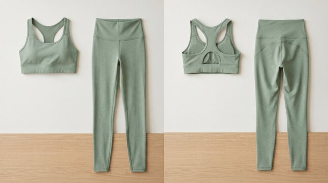 Mockup of sage green yoga outfit laid on wooden floor against white wall including leggings sports bra and back view for fitness apparel product display