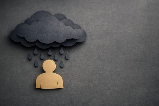 A paper cutout figure stands beneath a dark cloud raining above, symbolizing sadness or a gloomy mood.