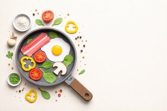 A frying pan with a cooked egg, bacon, tomatoes, bell peppers, mushrooms, and spinach leaves, surrounded by spices and herbs on a light background.