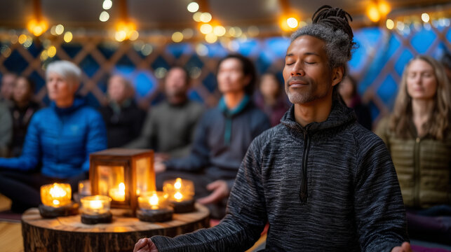 A multicultural group of adults seated in a candlelit yurt during a digital detox retreat, phones locked in a wooden box at the center, faces relaxed and open, perfect for mindfulness travel, screen