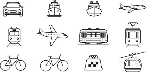 Set of vector icons representing various modes of transportation with cable car, public transport © ROP