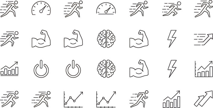 Fitness performance and brainpower icon set with running figures speedometers growth charts