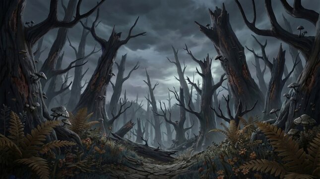 Dark haunted forest with dead trees and mushrooms