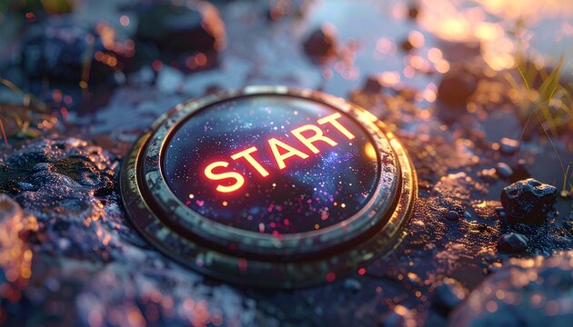 Glowing button on rough textured ground