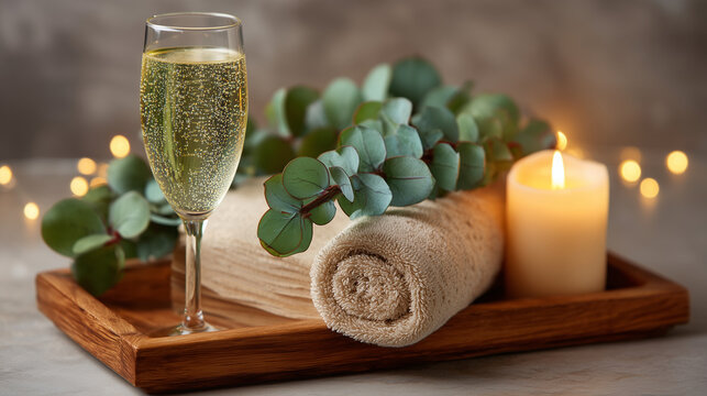 Self care flatlay of a bath tray with a paperback book, eucalyptus bundle, a glass of sparkling water, and a linen washcloth rolled beside a lit candle, perfect for bath ritual, relaxation lifestyle