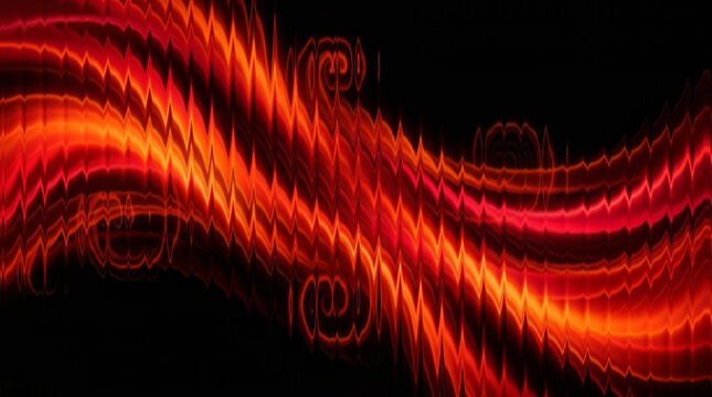 Abstract red liquid metal wave background with glowing neon gradients, glossy ribbed glass texture and dynamic ripple distortion for modern digital design