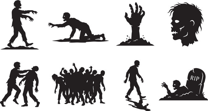 Zombie, silhouette, icons, set of 8, black, vector graphics, undead, monsters, creepy, Halloween