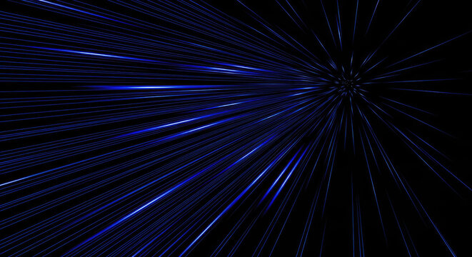 A dark background showcases a vibrant, radial burst of blue light. The light emanates from a central point, spreading outwards in numerous, parallel lines.