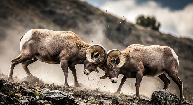 Two rams locking horns in rugged terrain