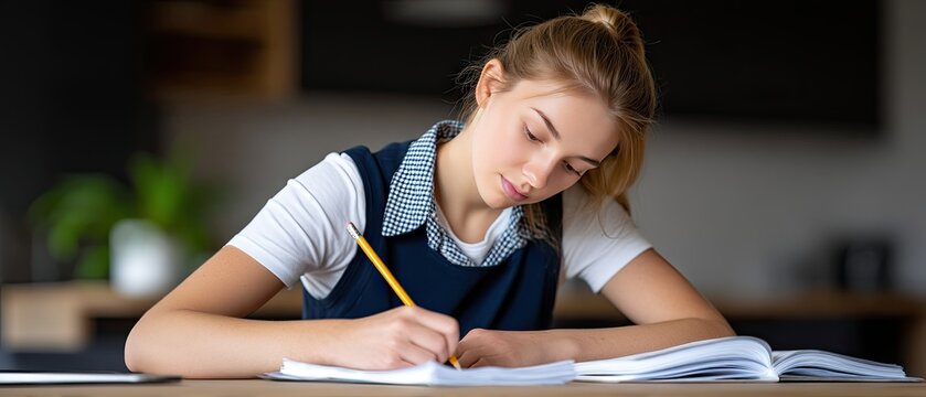 Young girl writing with focus indoors in a school uniform with a navy blue pinafore and checked shirt, natural light illuminating her study area