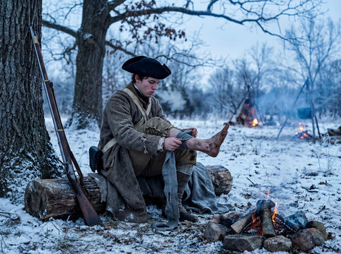 Revolutionary war soldier adjusts leg wraps while sitting on log in snowy winter camp.